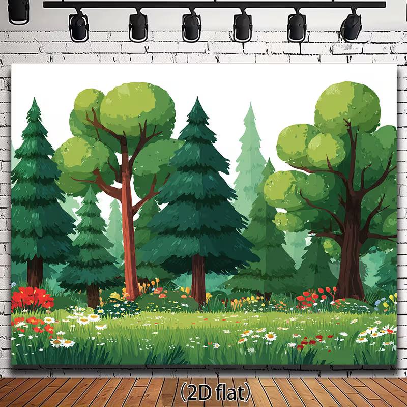 2D Flat Printing Cartoon Forest Tapestry, Featuring Round and Pine Trees with Wildflowers on a Bright Meadow