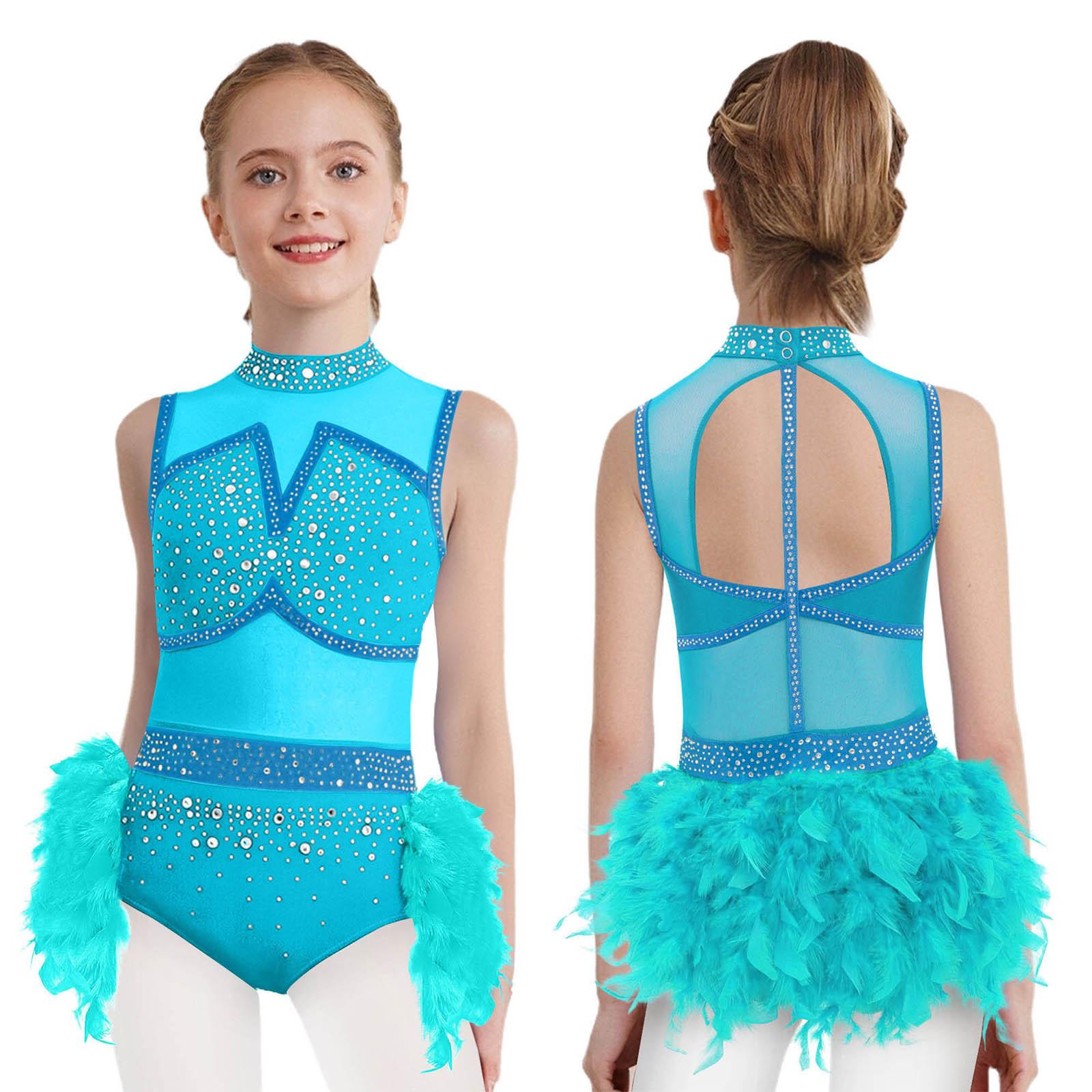 

Girls Jazz Latin Dance Costume Shiny Rhinestones Color Block Leotard with Feather Skirt Sleeveless Cutout Back 13-14 Years