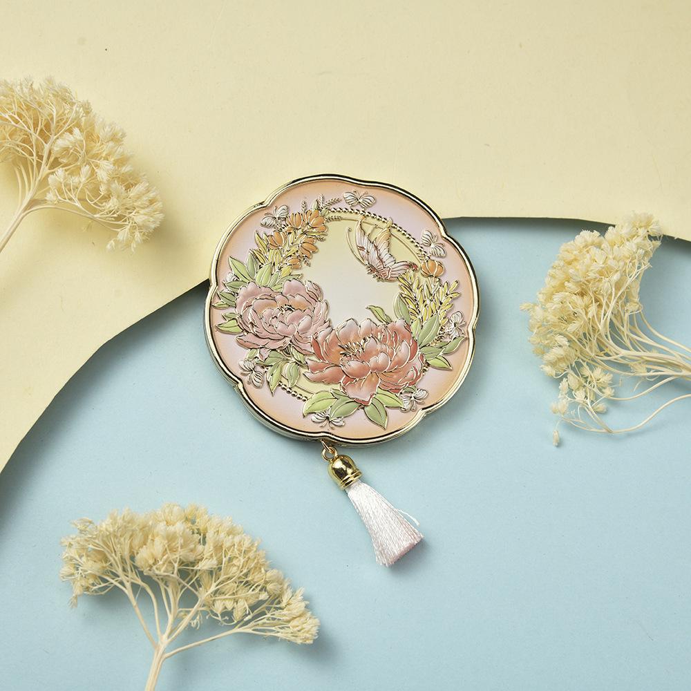 Peony Folding Mirror: Electroplated Metal with Cultural Print - New Chinese Style Souvenir
