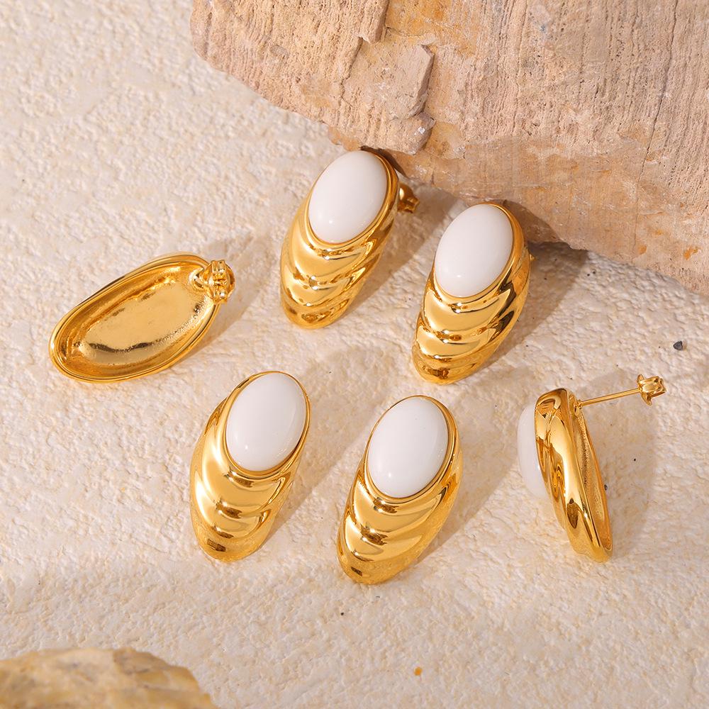 French Oval Water Ripple White Stone Stud Earrings, Stainless Steel PVD Electroplated