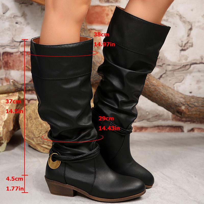 Fashion Slip On Thick Heels Knee High Boots Women Metal Decor Non Slip Pu Leather Boots Woman Plus Size 36-43 Retro Long Botas Mujer