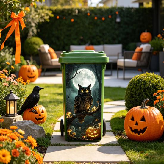 Black Cat Bat Owl Pattern Halloween Trash Can Sticker, Spooky Pumpkin Ghost Wheelie Bin Decal, Easy Apply Mural Waterproof Outdoor Garbage Sticker