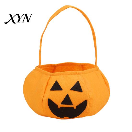 Portable Candy Storage Bag Halloween Pumpkin for Kids, Reusable Non-Woven Trick or Treat Bucket, Bags Face Snack Holder Basket with Handle Party