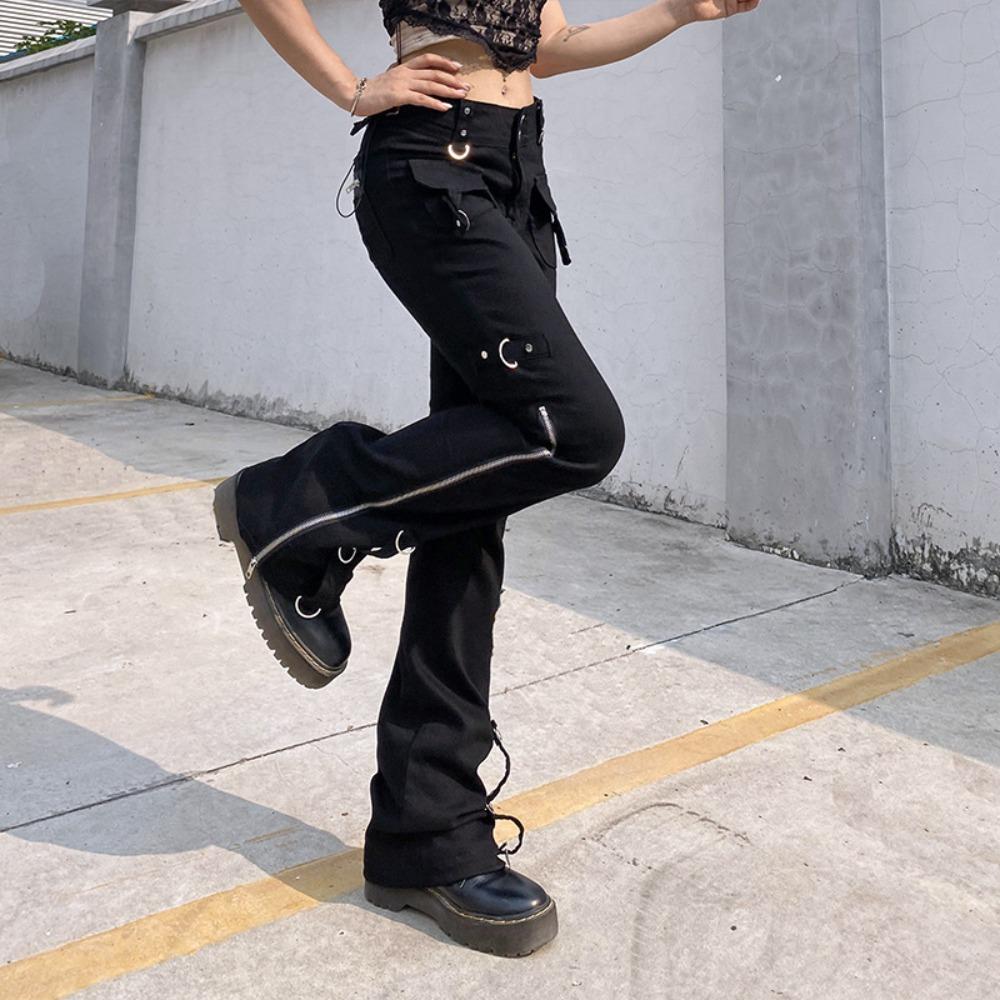 Women's Low Rise Flare Jeans Loose Fit Metal Ring Zipper Cargo Pocket Long Denim Trousers