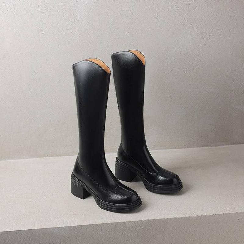 Autumn and Winter Women's Solid Color Large Size Fashion Boots New High Heel Thick Sole Round Head Comfortable Zipper Square Heel Women's Boots