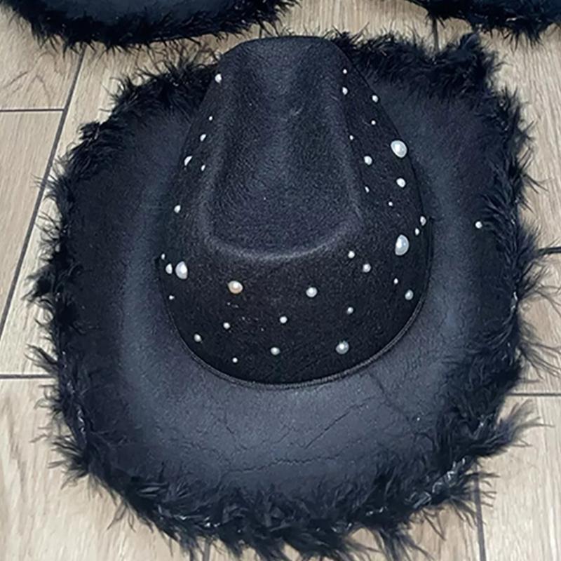 Feathered Trim Western Hat with Rhinestones Studded for Music Festival Cosplay Costume Headwear Carnivals Party Accessory