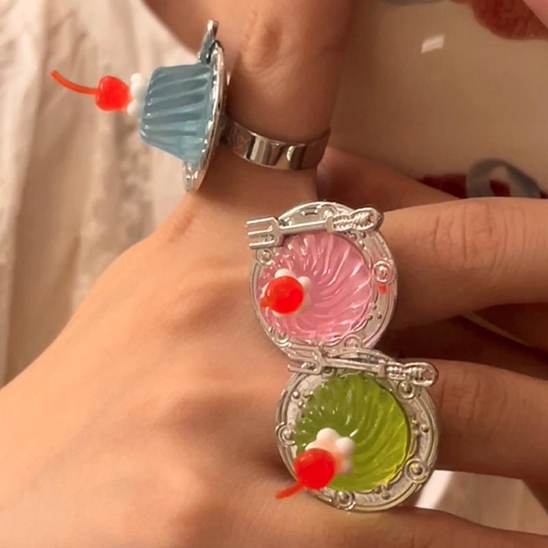 Creative Strawberry Mousse Cake Rings Jelly Pudding Ice Cream Cherry Fruit Ring Exaggerated Vintage Chunky Girls Finger Rings