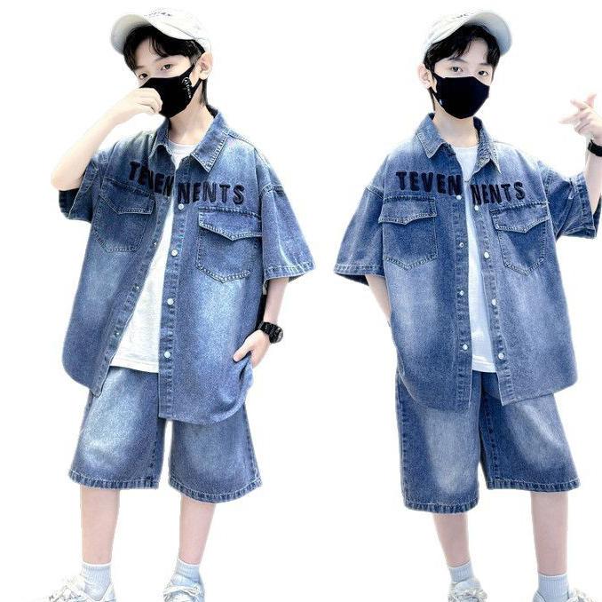 Boys Denim Suit Summer Clothes Children's Short Sleeve Shirt + Shorts Sports Korean Tracksuit Sets Kids Luxury Clothing Suit