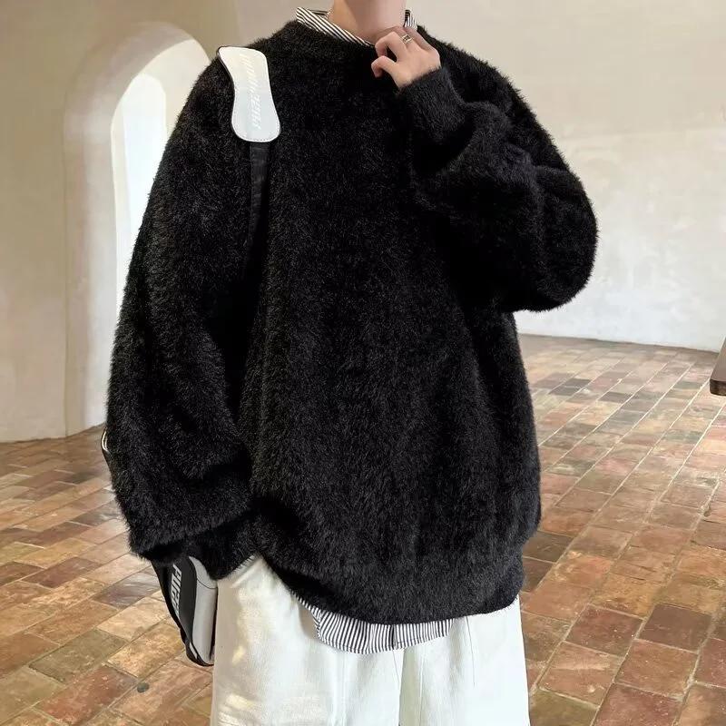 Autumn Solid Fluffy Warm Knitted Sweaters For Man New High Street Fashion Loose Pullovers 2025 New Y2K Vintage Knitwear Jumpers