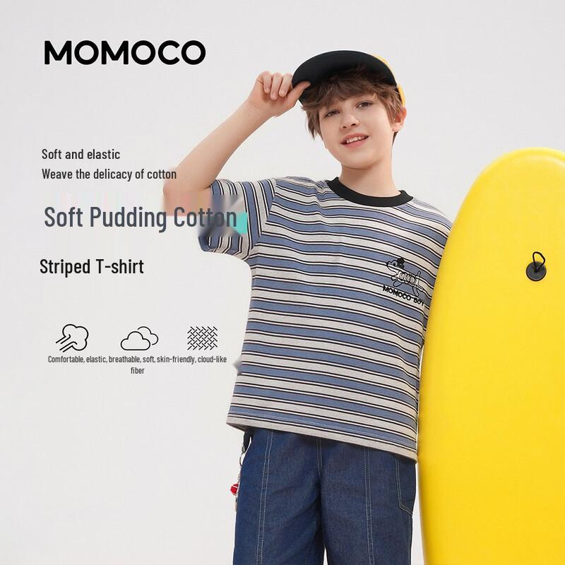 MOMOCO Boys 2026 Summer Versatile Striped T-Shirt 120 синий