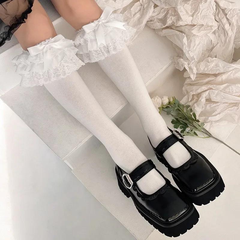 JK Lolita Women Stockings Y2k Girls Ruffle Long Socks Stockings Japanese Style Kawaii Bowknot Cute Lacework Knee Socks Stockings