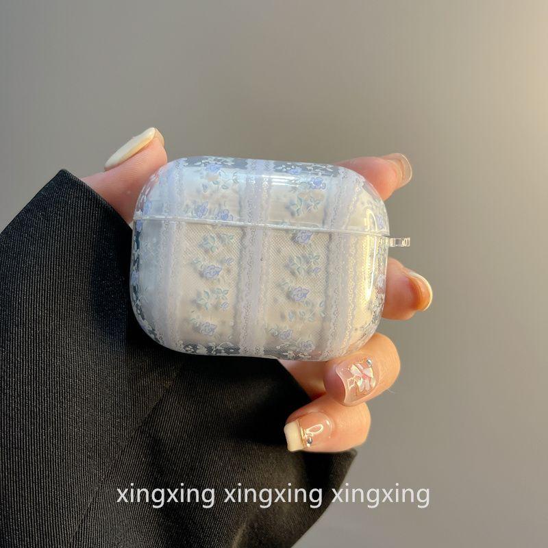 

Korean Style Ins Lace Blue Floral Applicable Airpodspro2 Protective Case Apple 3 Generation 4 Generation Bluetooth Earbuds Case airpods pro/pro2 Lace Blue Floral [Single Shell]]