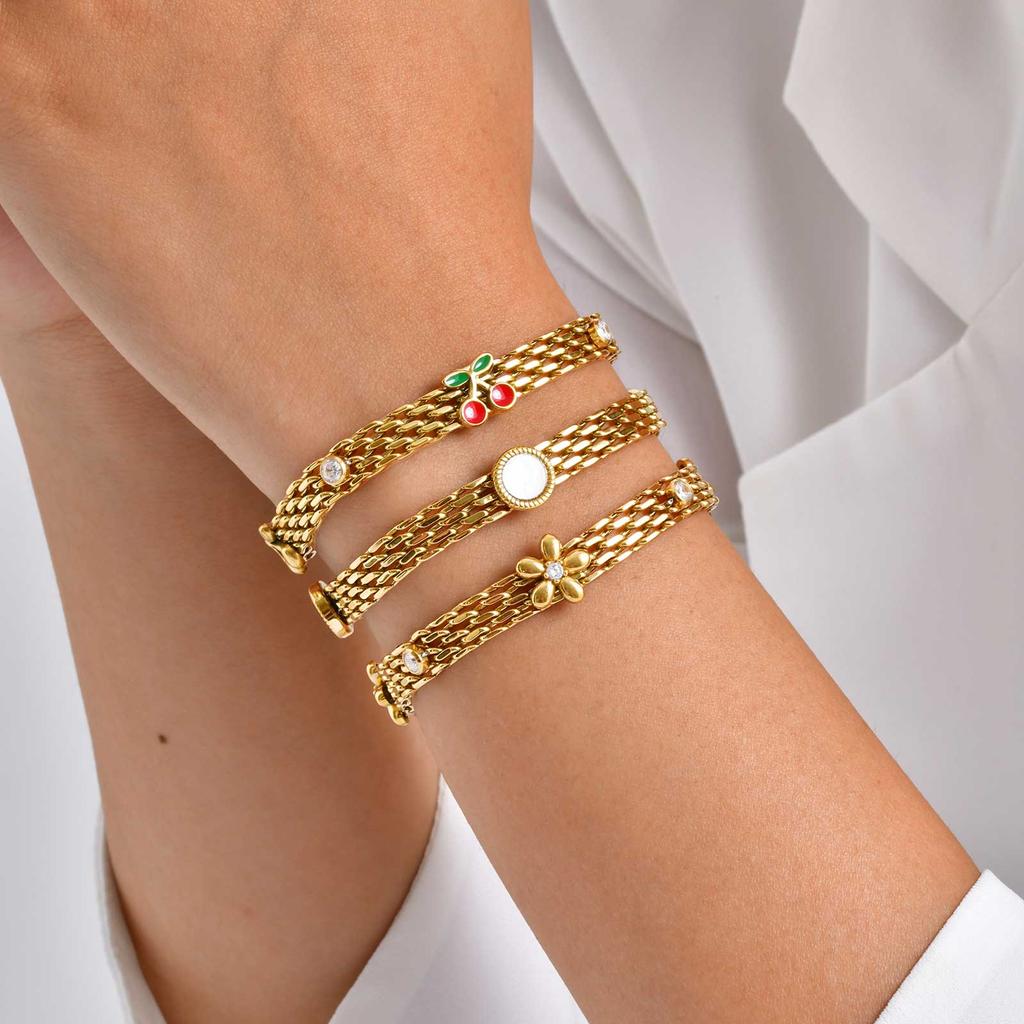 Stainless Steel Mesh Chain Watch Strap Bracelet for Women, Zircon Cherry Charm Wristband Bangle, Waterproof Party Jewelry