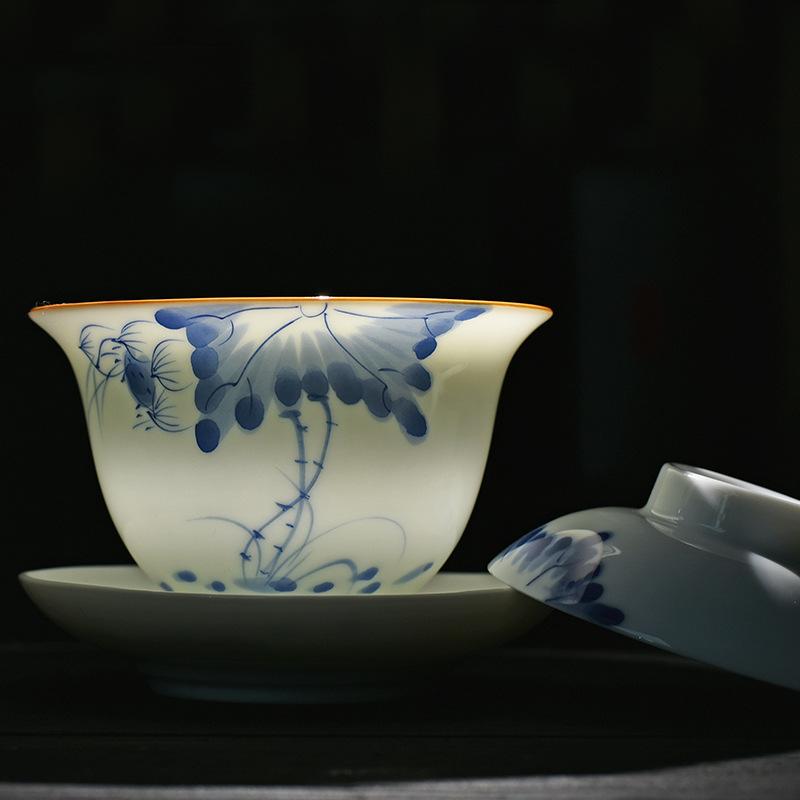 Sheep Fat Jade Covered Bowl Painted with Gold Ceramic Tea Making Bowl High White Porcelain Kung Fu Tea Set and Tea Bowl