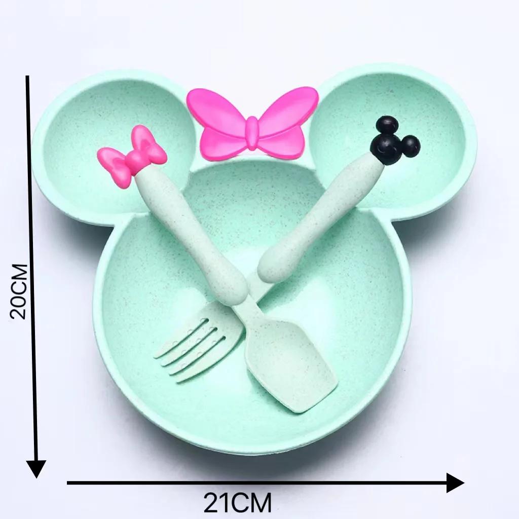 3pcs Wheat Straw Baby Cartoon Tableware Set Kindergarten Dinner Plate Durable To Baby Feeding Plate Training Bowl Spoon Fork