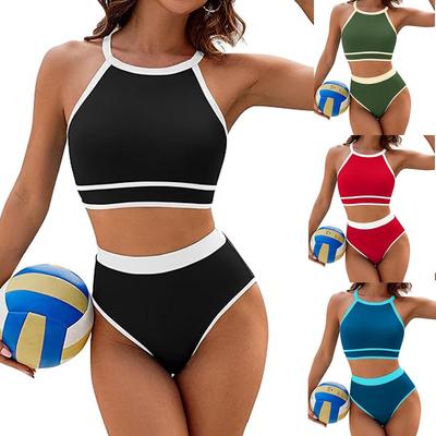 Dámská dvoudílná bikiny sada s vysokým pasem 2024: Sportovní plavky jednobarevné