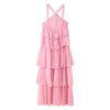 Polyester Floral Embellished Layered Chiffon Dress With Sleeveless Halter Neck For Spring