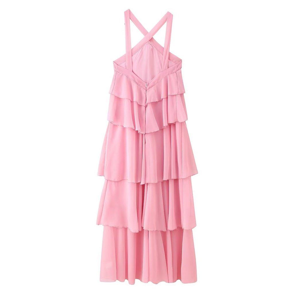 Polyester Floral Embellished Layered Chiffon Dress With Sleeveless Halter Neck For Spring