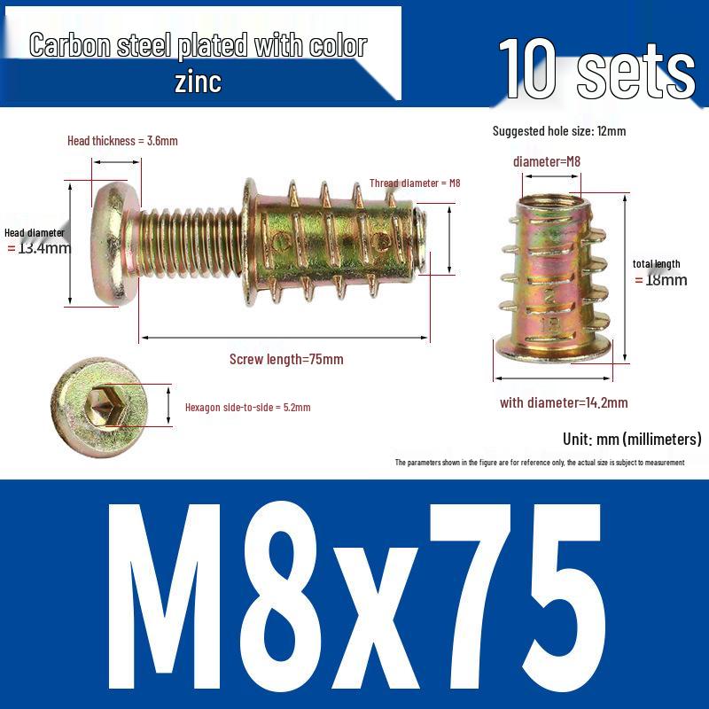 Flat Head Hex Socket Screws & Pre-embedded Nut Set for Wooden Bed Connectors