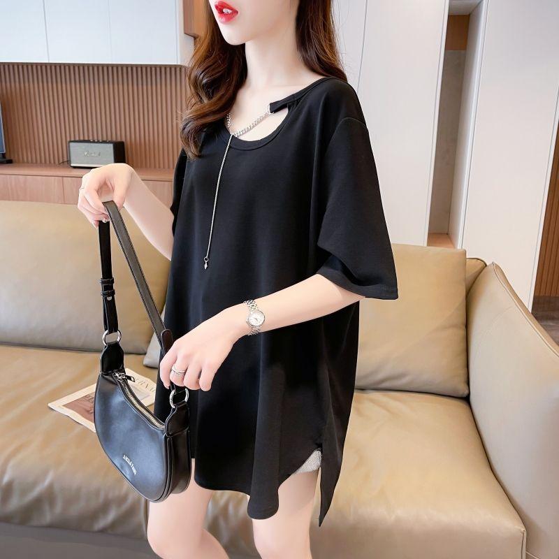 

Футболка с открытыми плечами для женщин, с короткими рукавами, в корейском стиле, свободного кроя, облегающая, с U-образным вырезом, летний топ, нишевый дизайн, милый, пикантный XXL чёрный