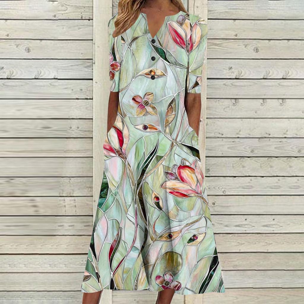 Womens Summer Dresses V Neck Floral Printed Midi Dress Casual Short Sleeve Dresses Trendy Flowy Vacation Sundresses