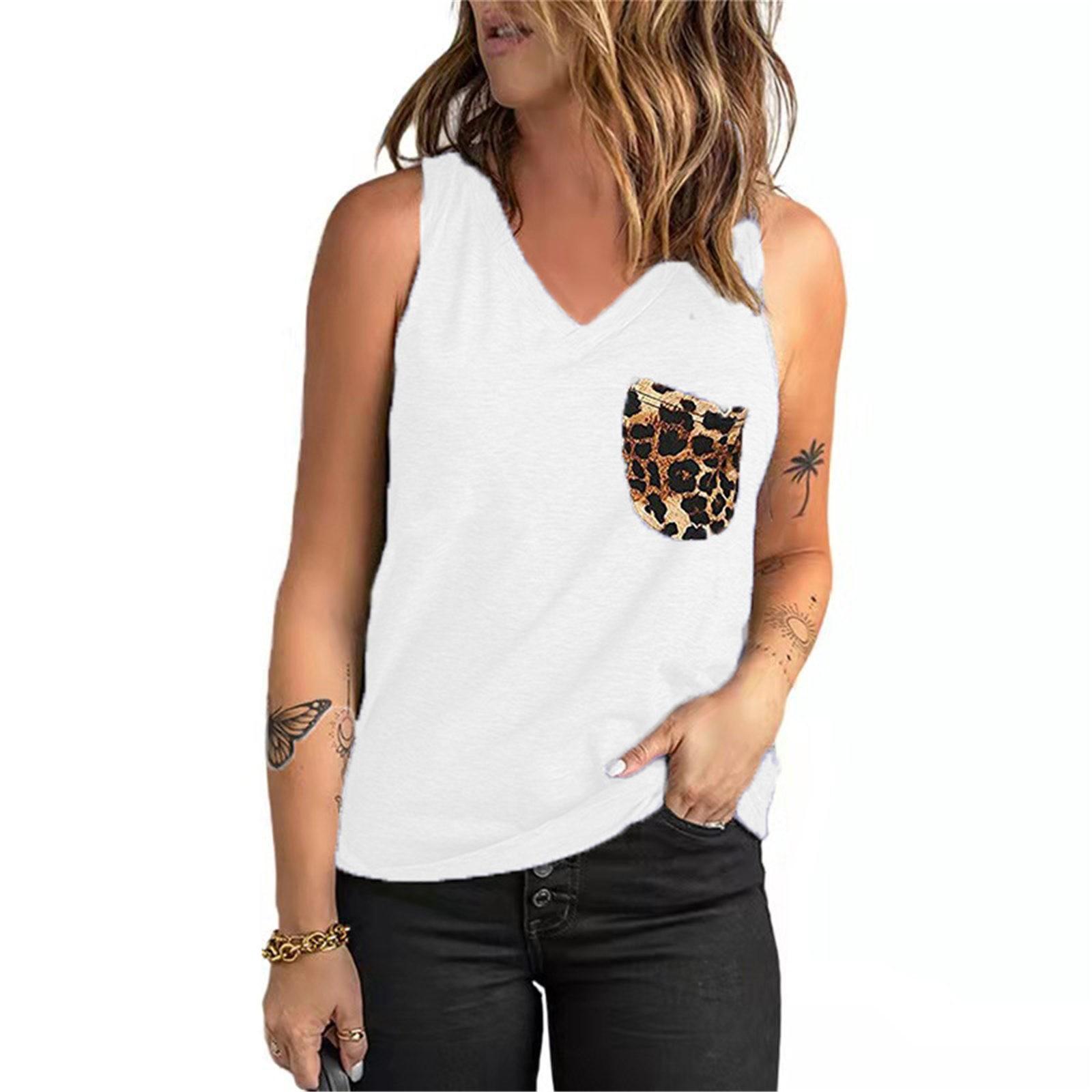 

Женская мода с v-образным вырезом и леопардовым принтом, карманная майка без рукавов, свободная футболка XL белый