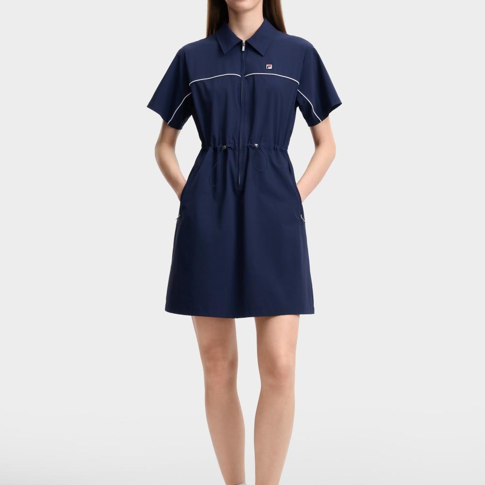 FILA Heritage Vintage Sports Versatile Short Sleeve Dress Women dresses Cigarette-Blue F11W628321FDB