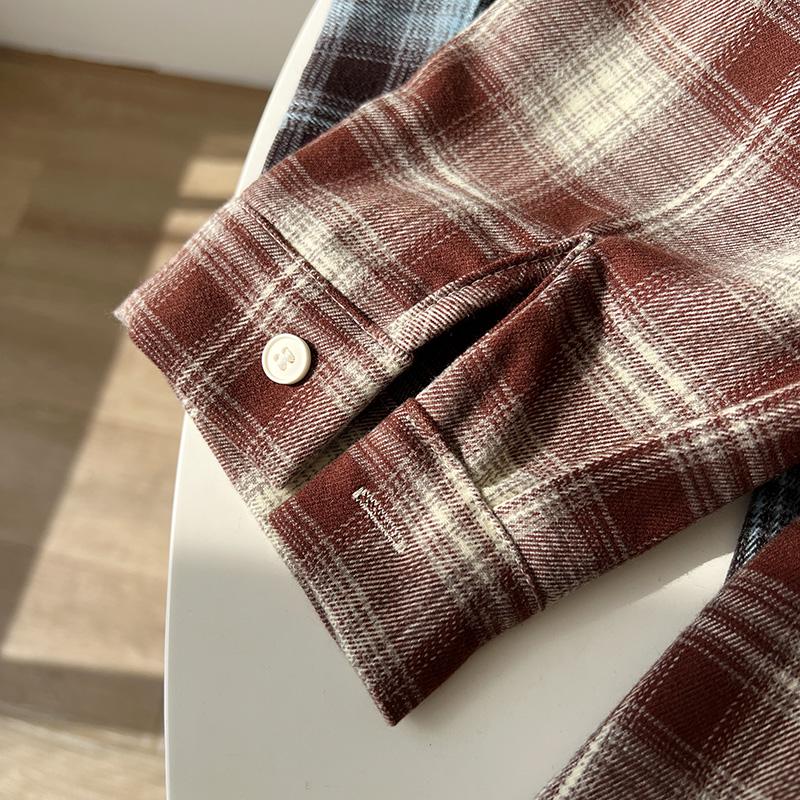 Cămașă de damă retro în carouri periată, stil coreean de toamnă/iarnă, bloc de culoare, cu guler polo larg, top gros casual.
