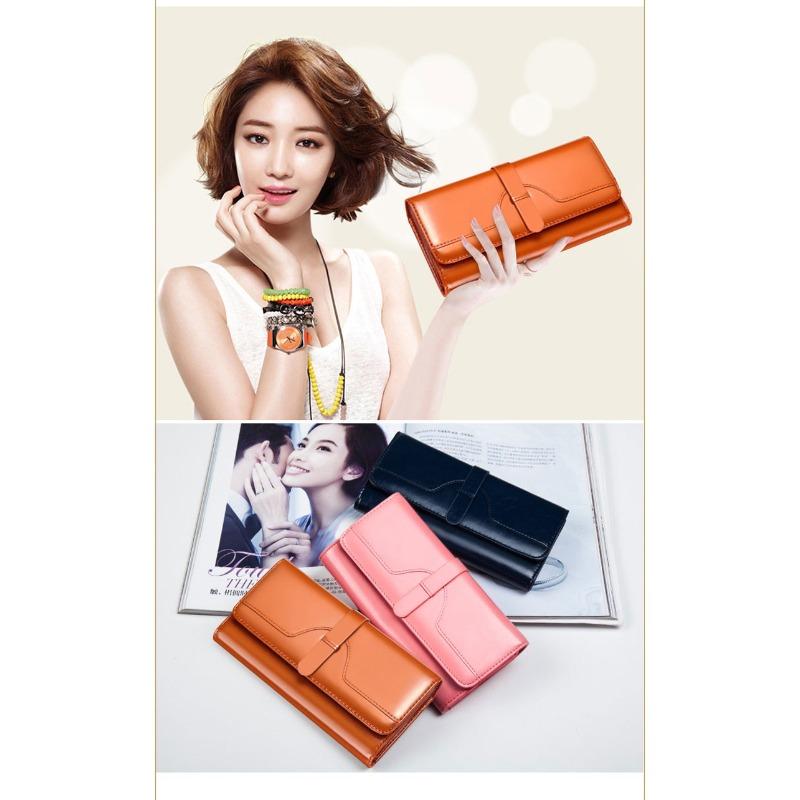 Pure leather three fold women's wallet, long buckle leather, cowhide, multi slot large capacity Korean version women's wallet, leather wallet