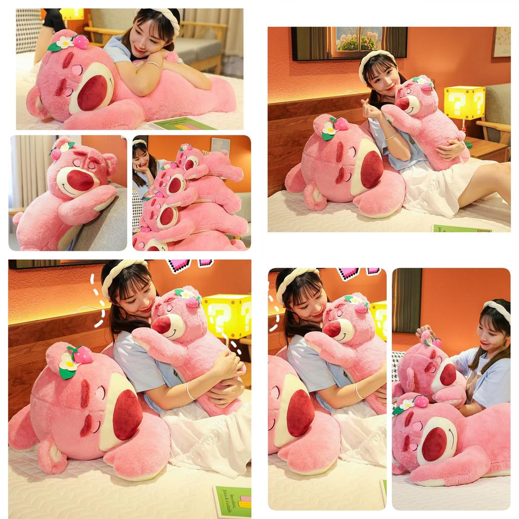 Cute Short Plush Strawberry Bear Stuffed Toy Pillow For Kids 35cm Pink