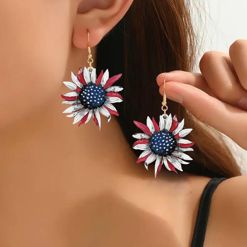 American Independence Day Red-White-Blue Striped Acrylic Star Earrings.