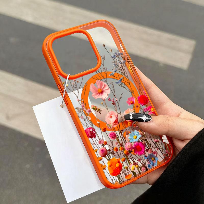 

Colorful Floral Wireless Charging and Magnetic Clear Phone Case For iPhone 17 Pro Max 16 Plus 15 14 13 12 11 16E 17 Air 17 Cover iPhone 15 Pro Max помаранчевий