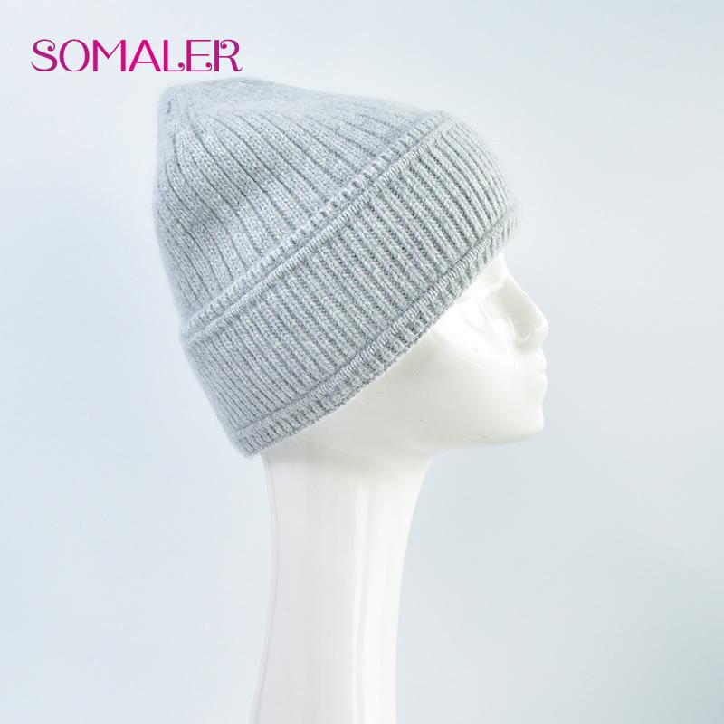 SOMALER Women's Autumn Winter Angora Knit Beanie Hat with Folded Cuff & Metal Badge Fashion Warm Cap 54-58cm