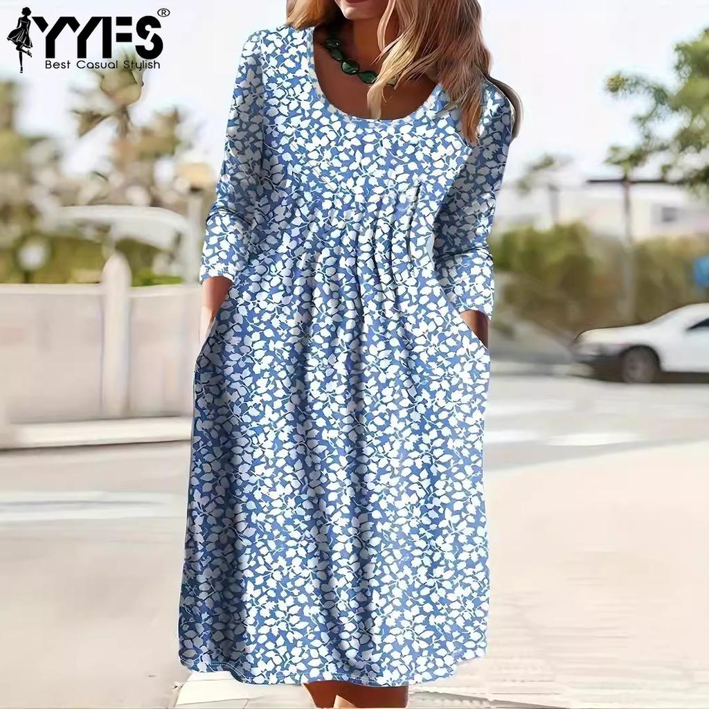 YYFS Women's Fashion Spring Fall Flower Pattern Print Long Sleeve U-Neck Loose Waistline Casual Dresses