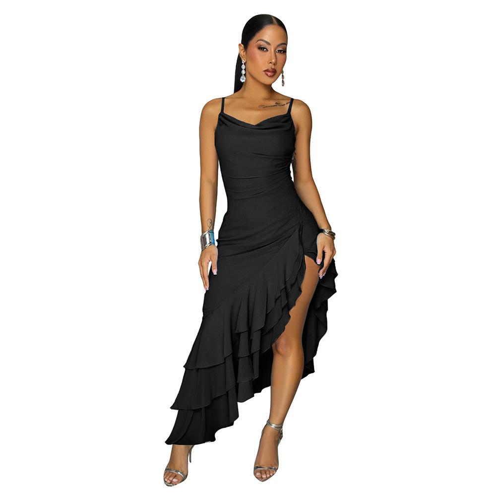 CY901111 European and American fashion suspender solid color fungus edge irregular dress new slim and thin