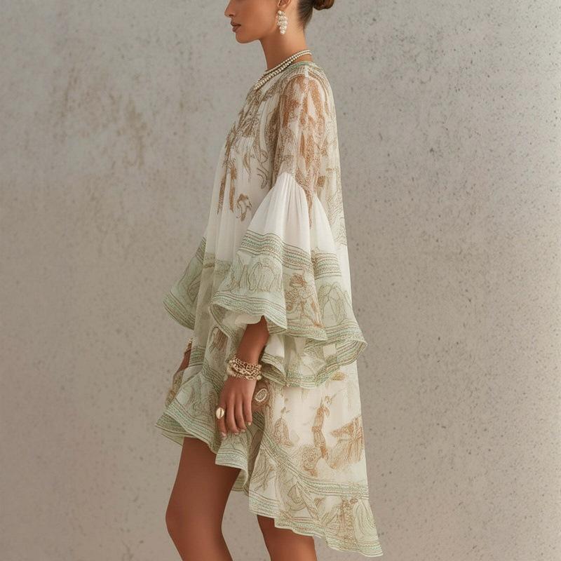 Women's Printed Ruffle Mini Dress Short Sleeve Loose Vacation Summer Casual Dress