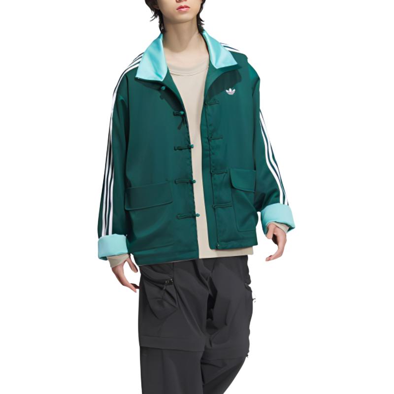 adidas Originals Sportjacke aus Satin im chinesischen Tang-Stil mit Streifen und Stehkragen, Unisex-Jacke, Waldgrün, JD3381