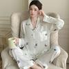 Ice Silk Thin Style Women'S Long-Sleeved Pajamas Spring And Autumn Cartoon Brown Puppy Polka Dot Print Loungewear