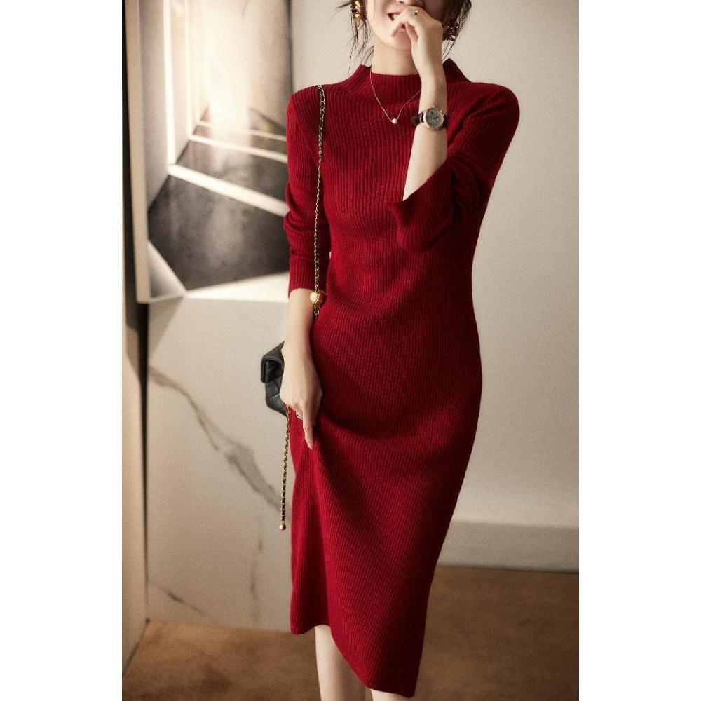 Mid-length Knitted Dress for Women In Autumn and Winter Half Turtleneck Slimming Casual Sweater Dress