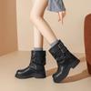 Metal Belt Buckle Block Heel Single Boots Women'S Fashion Round Toe Sleeve Pleated Mid Heel Boots
