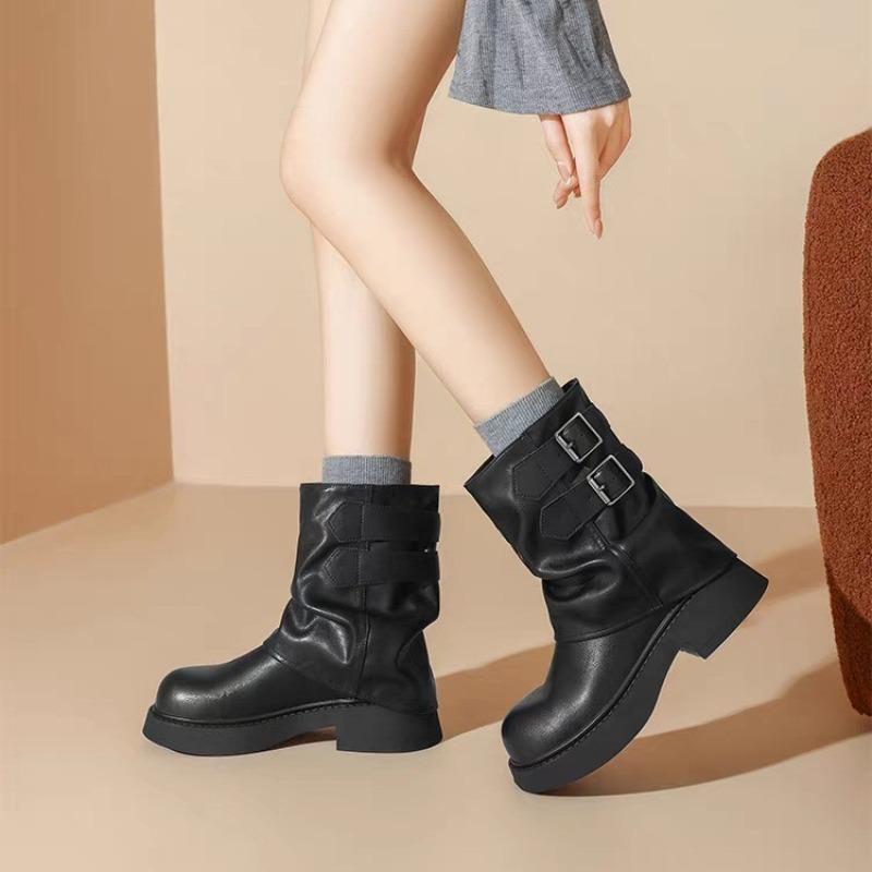 Fashion Metal Belt Buckle Block Heel Single Boots Women's Fashion Round Toe Sleeve Pleated Mid Heel Boots
