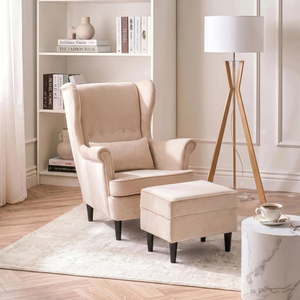 Evan 2 Lounge Chair With Footstool, Beige Velvet, Modern