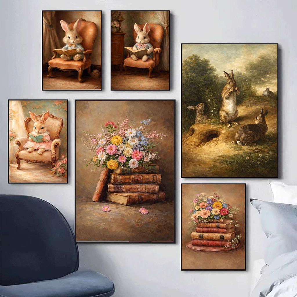 Boho Kaninchen Hase Vintage Poster Rustikaler Hase Cottagecore Druck Leinwandbild Tier Wandkunst Bild Ostern Bauernhaus Dekor