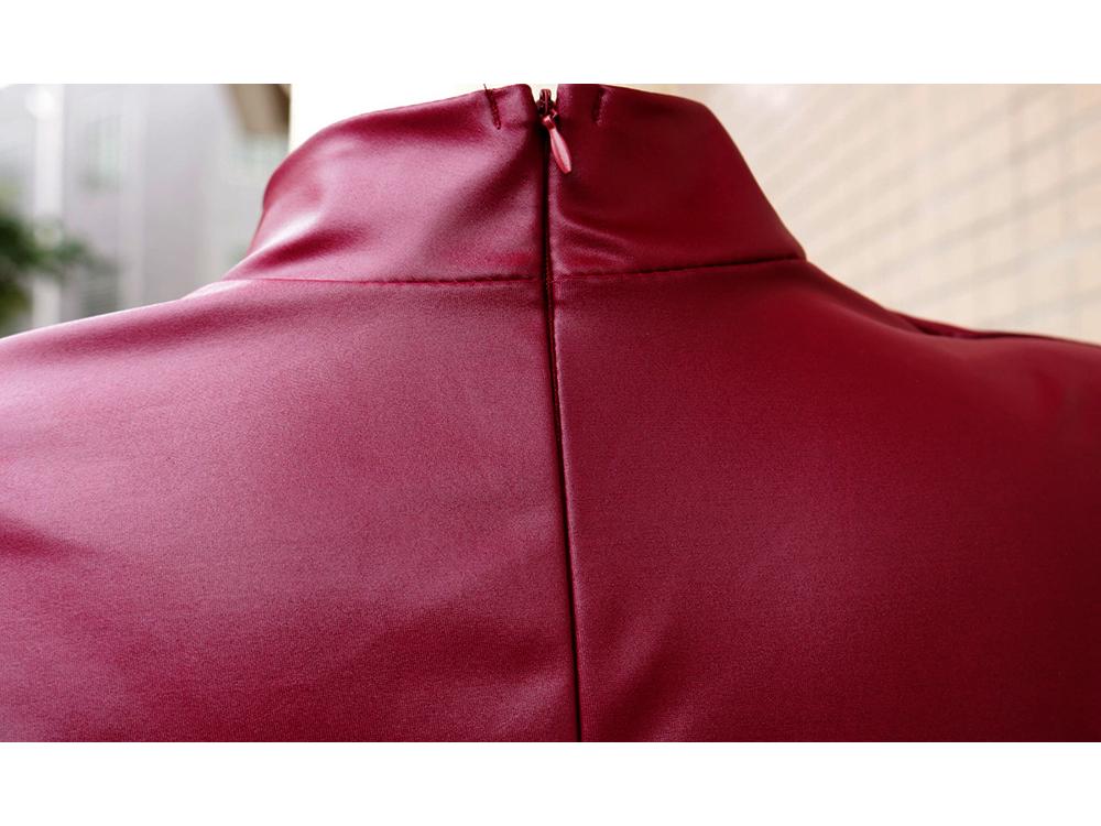 2022 Women's Faux Leather Stand-up Collar Pleated Bodycon Dress - European & American Fashion