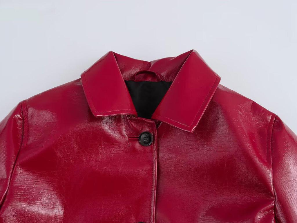 2025 Spring Women's Red Glossy Leather Lapel Jacket – European & American Style