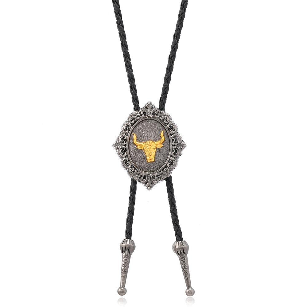 European American Retro Medal Taurus Horse Animal Shape Electroplated Alloy Pendant Unisex Western Denim Long Bamboo Necklace золотой