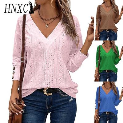 Women's Fashion Casual Solid Color Print Long Sleeve V Neck Blouses & Shirts