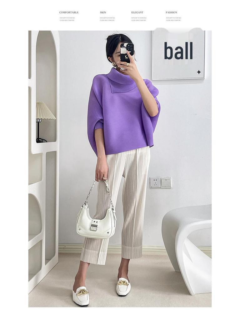 Miyake Damen Plissee Fledermausärmel Oberteil - Lockere Passform, Lange Ärmel, Einfarbig, Ideal für Frühling und Herbst