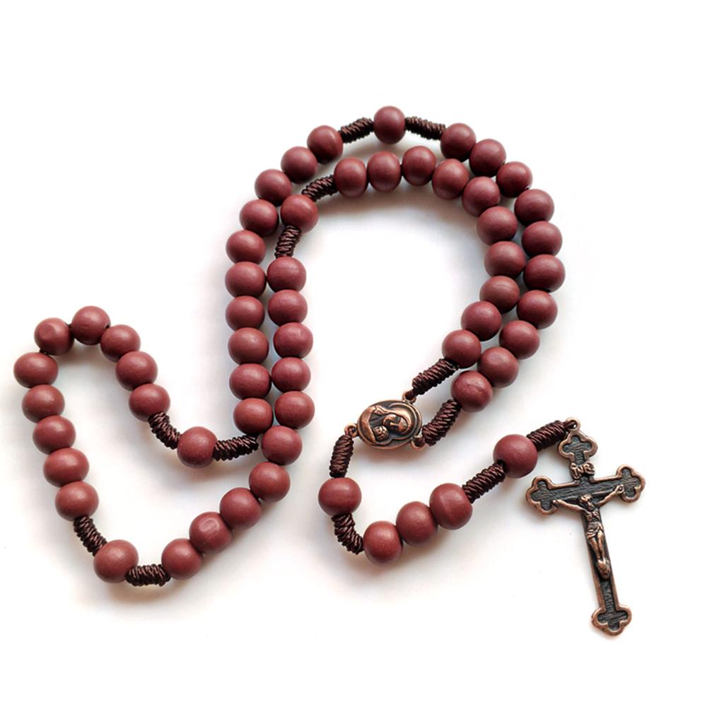 Natural Wood Cross Rosary Pendant Necklaces Catholic Jesus Bead Necklaces for Men Women Jewelry Christian Religious Gift