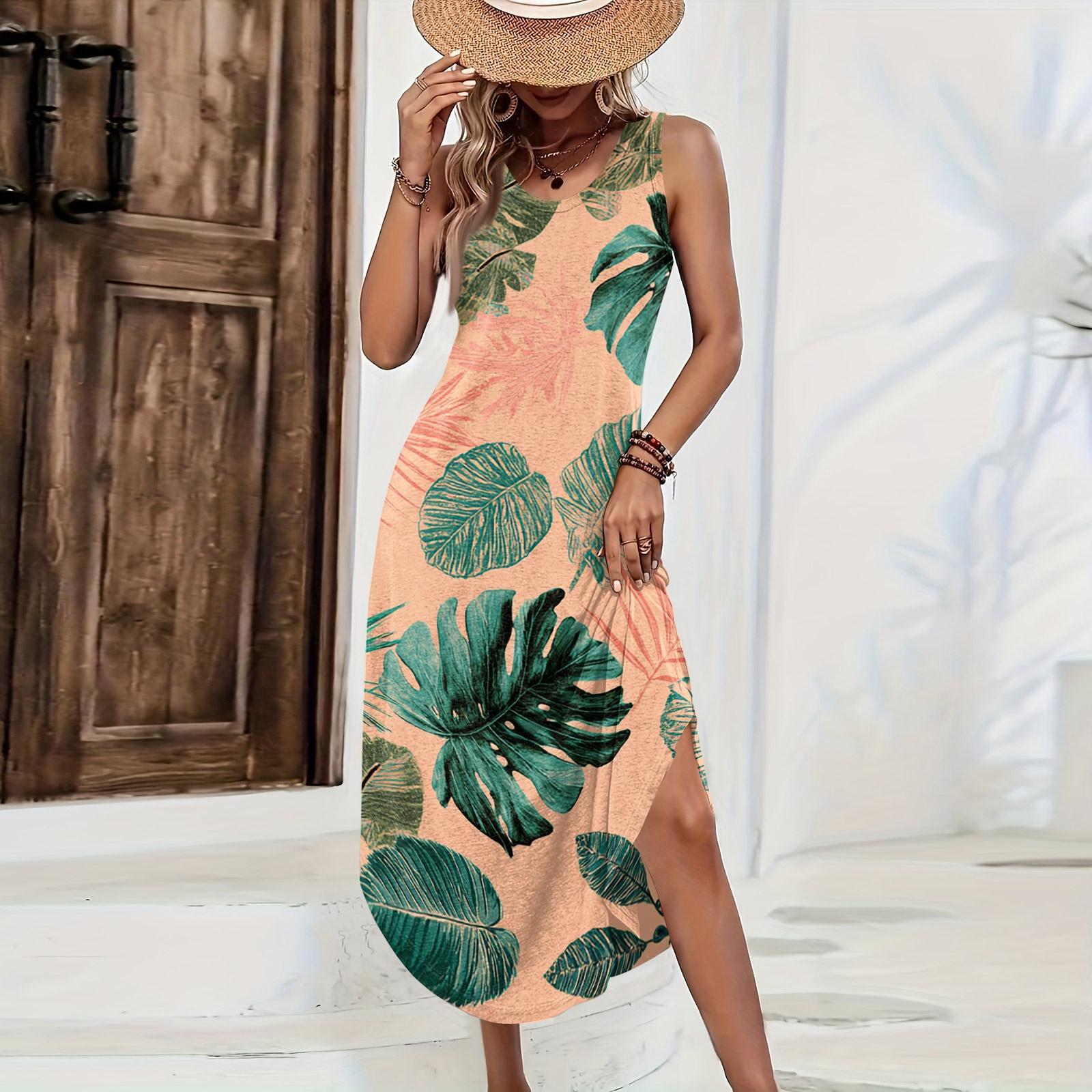 

Women Sleeveless Casual Loose Fit Long Dress Tropical Floral Print Summer Beach Maxi Dress with Side Slit XS